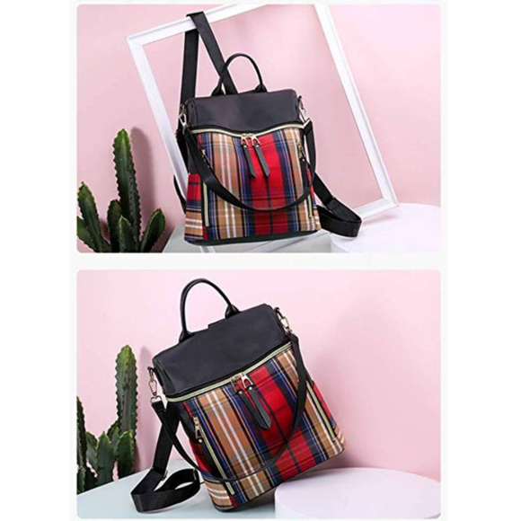Black & Red Plaid Vegan Leather Sling Backpack - Picture 2 of 6